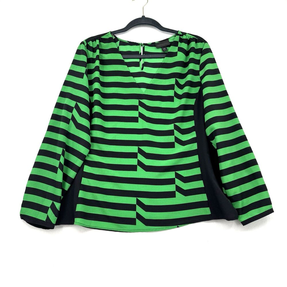 Worthington Womens Top Sz PXL Green Black Blouse Long sleeve V Neck Work Career
